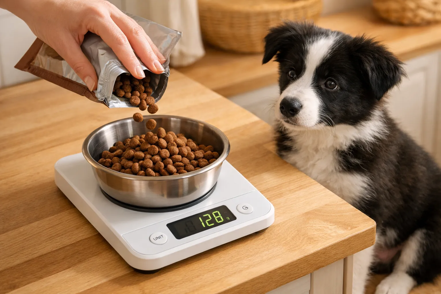 Main versant des croquettes dans un bol sur une balance de cuisine, chiot Border Collie assis à côté — alimentation chiot prévention surpoids