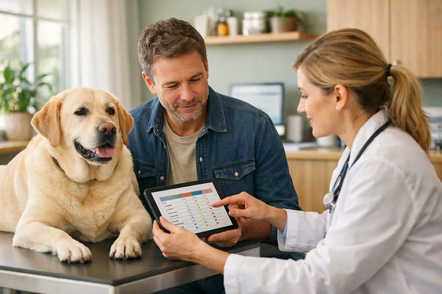 Propriétaire et vétérinaire examinant des formules d'assurance santé chien, labrador en surpoids sur table d'examen, ambiance professionnelle et détendue