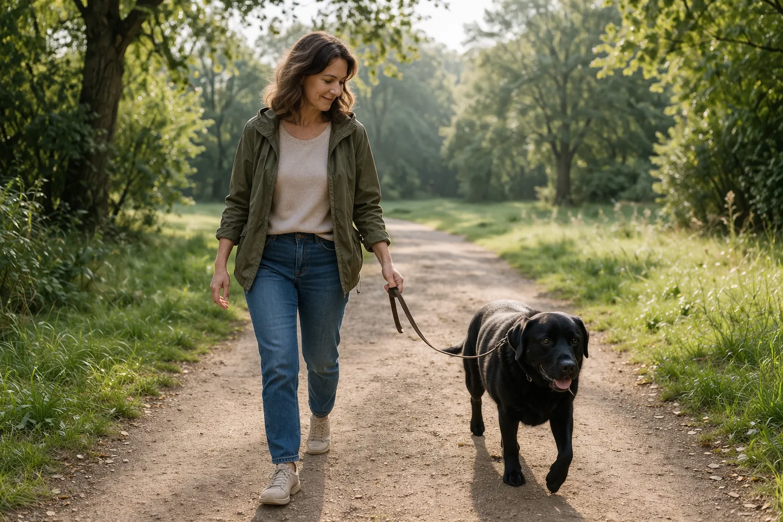 Propriétaire promenant son labrador noir en surpoids en laisse sur chemin de terre battue dans un parc verdoyant, ambiance sereine et motivante