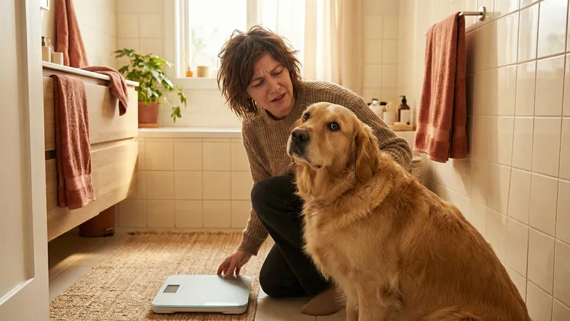 propriétaire inquiet avec son chien sur une balance