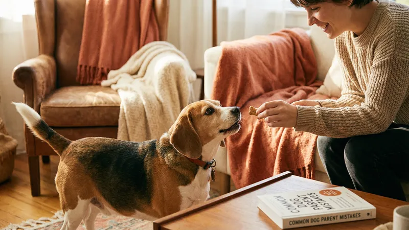 propriétaire donnant une friandise à son chien obèse — les 10 erreurs courantes