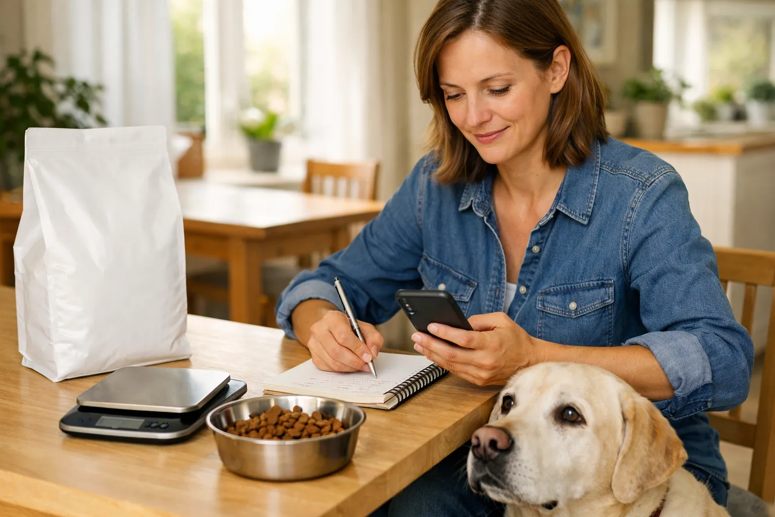 Propriétaire notant des chiffres dans un carnet, paquet de croquettes vétérinaires et balance sur la table, labrador senior aux pieds