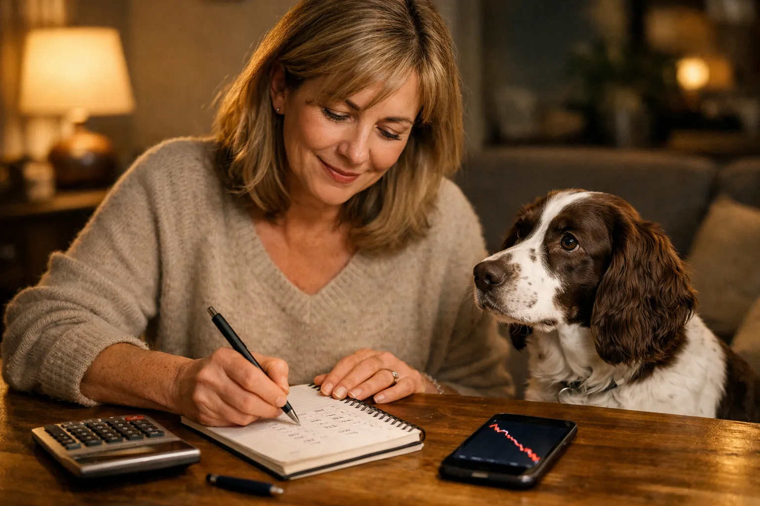 Propriétaire notant le poids de son chien dans un carnet de suivi, ambiance positive