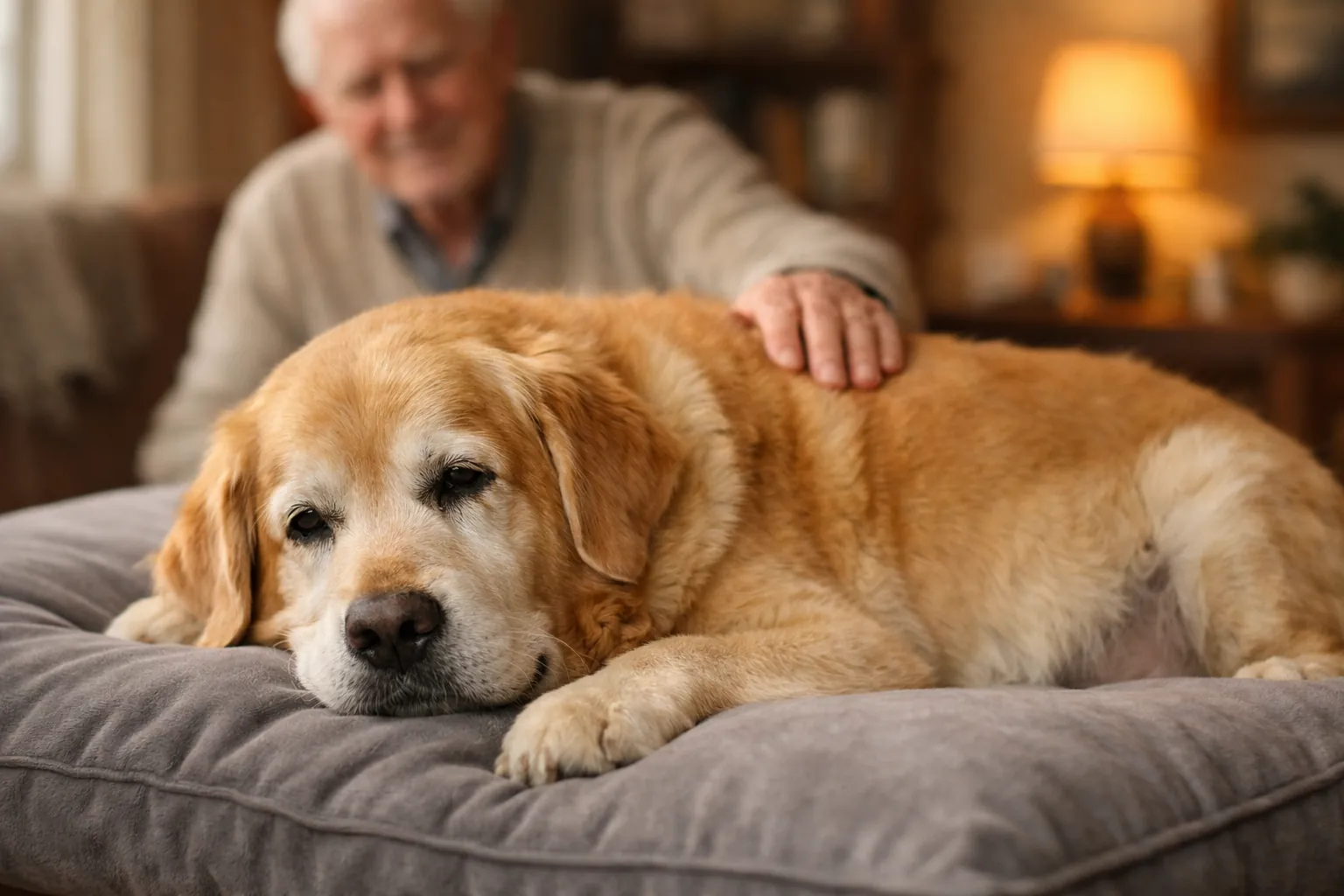 chien âgé golden retriever au repos montrant les effets du surpoids sur la mobilité