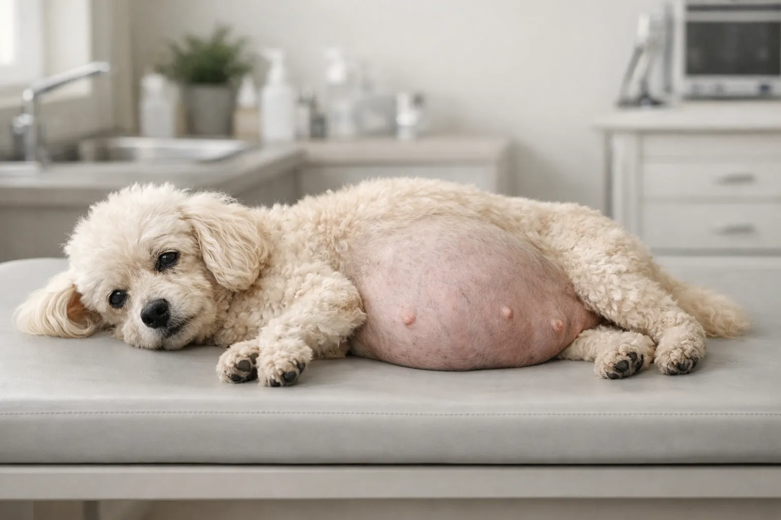 Chien de race caniche miniature âgé, ventre pendulaire visible, pelage clairsemé sur les flancs — consultation vétérinaire