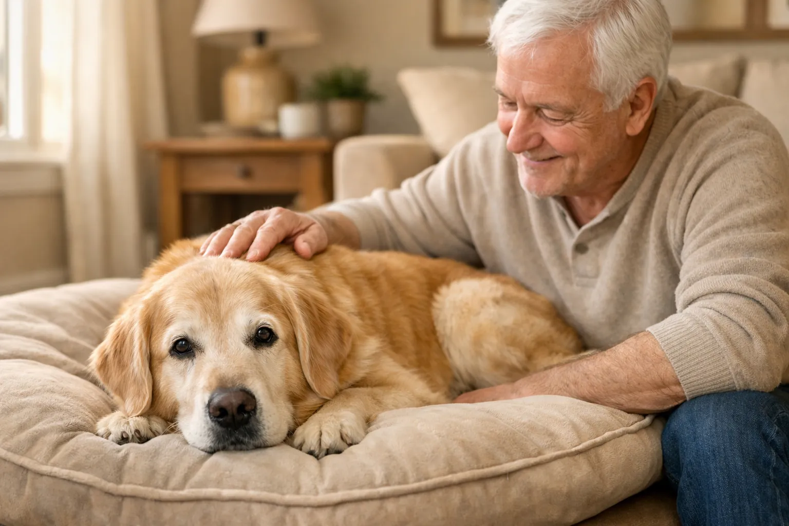 chien golden retriever senior allongé dans un salon chaleureux propriétaire bienveillant