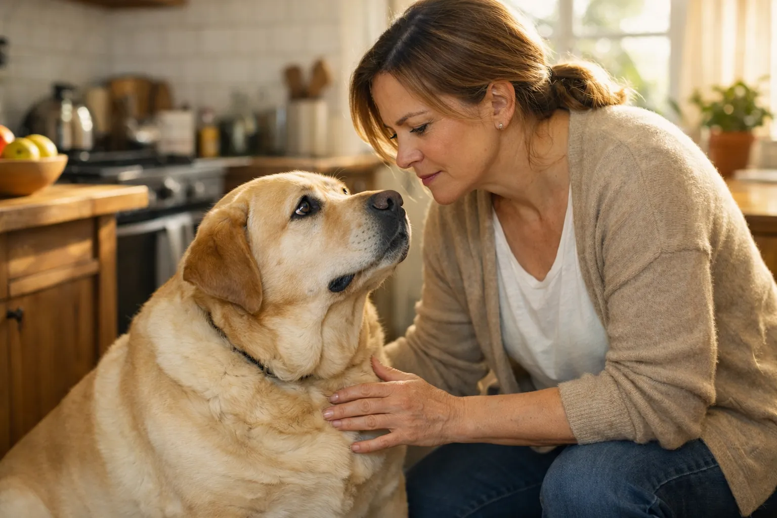 labrador en surpoids récent devant sa gamelle propriétaire inquiète cuisine lumineuse