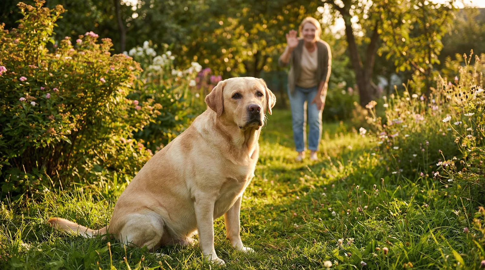 chien labrador en surpoids dans un jardin avec son propriétaire bienveillant