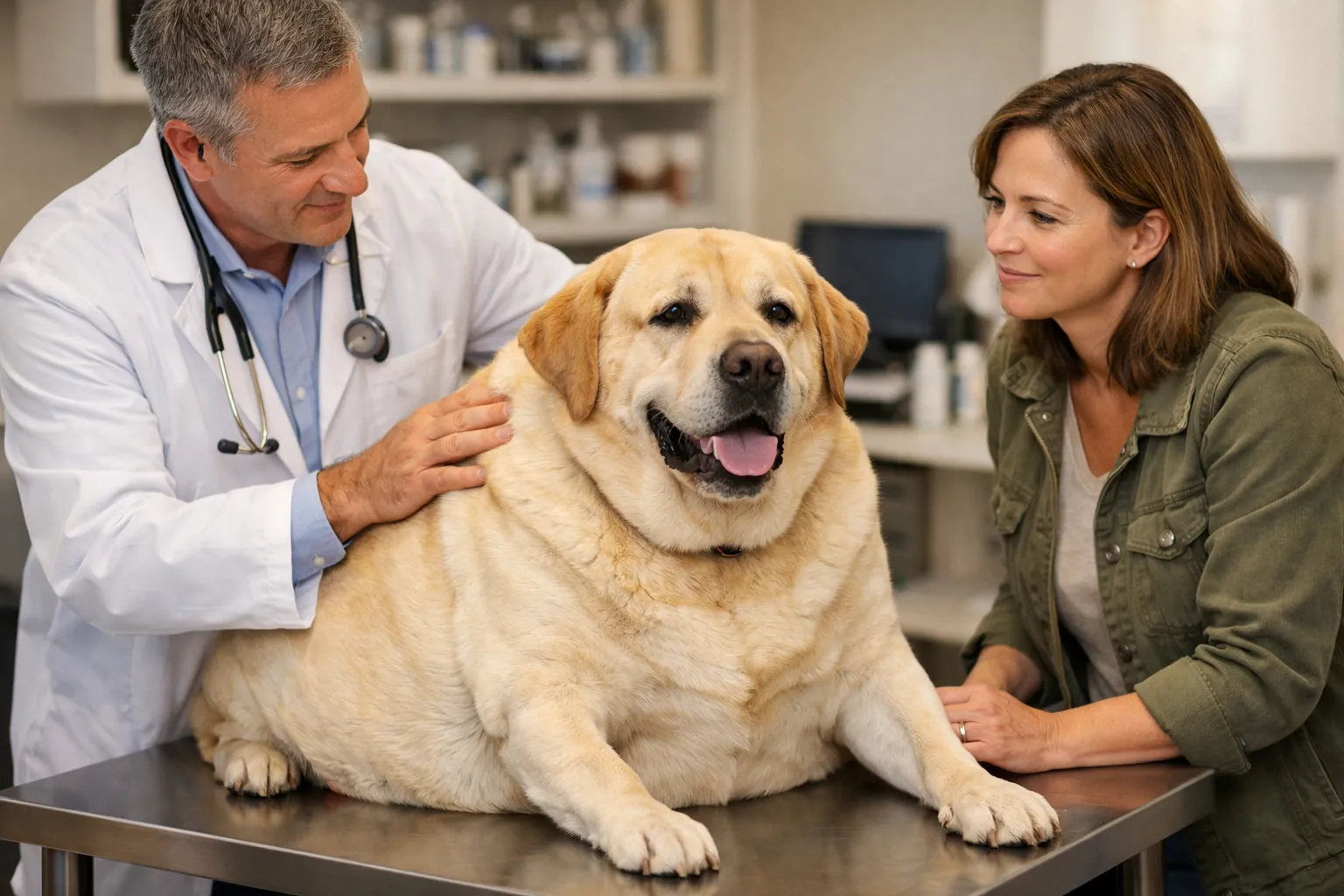 Chien en obésité confirmée lors d'une consultation vétérinaire, propriétaire attentif