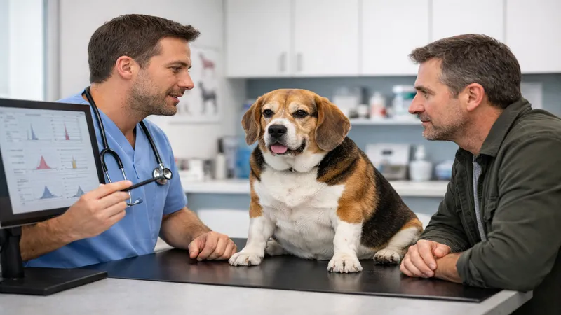 vétérinaire analysant résultats sanguins chien obèse diabète propriétaire attentif