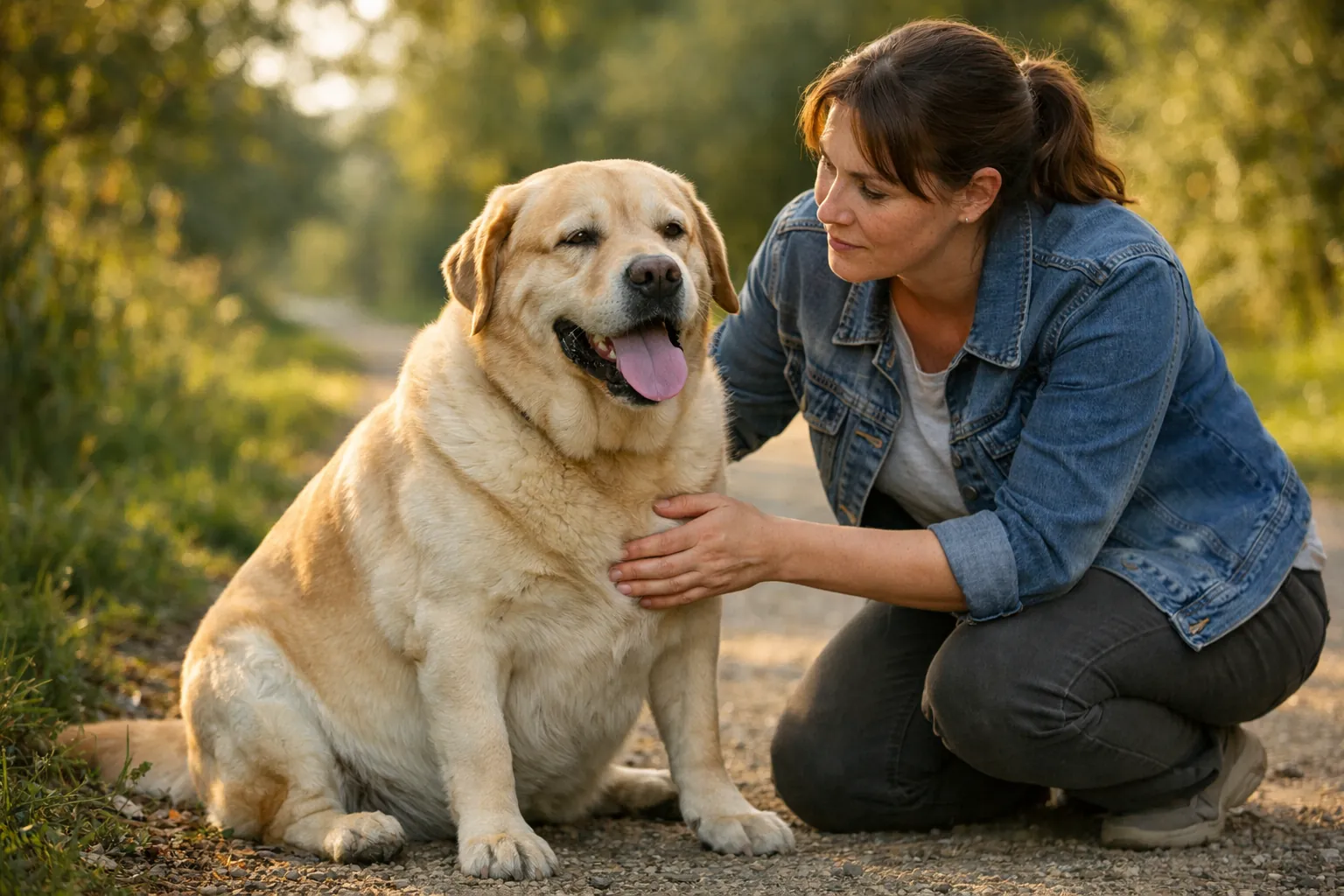 labrador en surpoids essoufflé après promenade propriétaire inquiète bienveillante