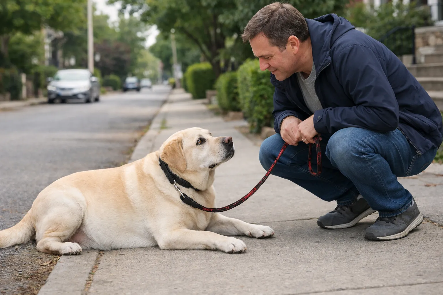 chien labrador obèse allongé sur trottoir refus de marcher propriétaire