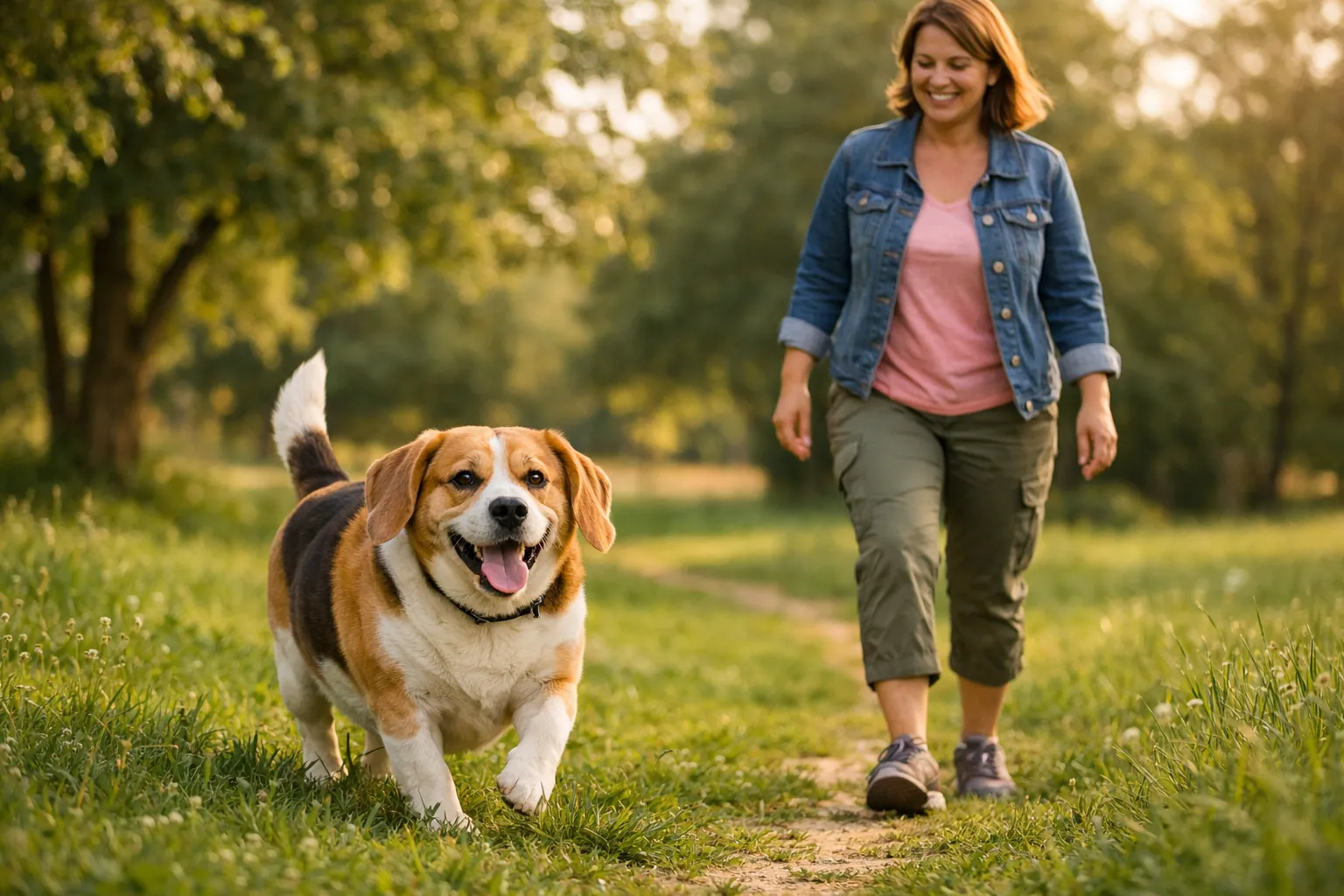 Chien de taille moyenne en léger surpoids marchant joyeusement avec son propriétaire dans un parc