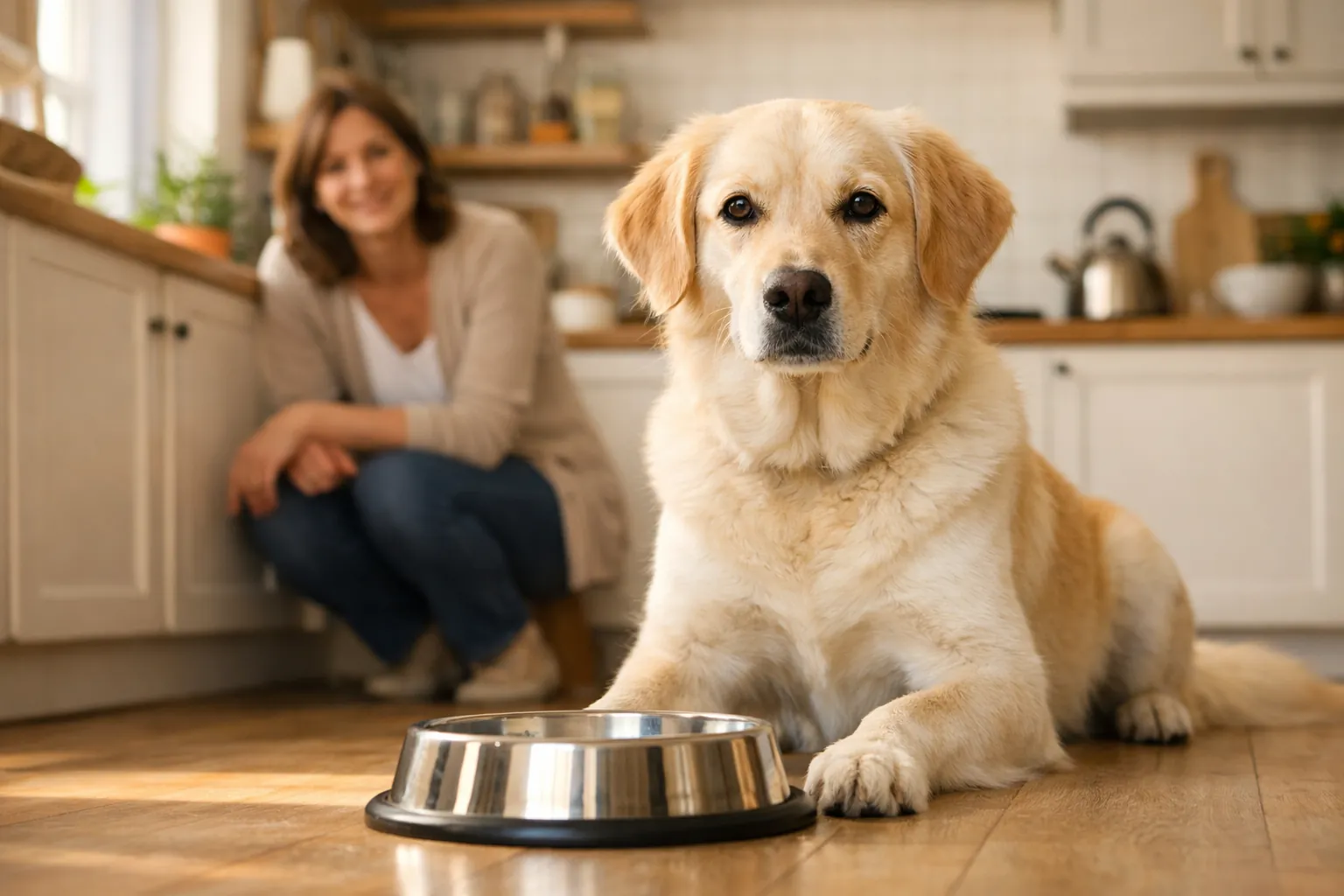 chienne stérilisée devant sa gamelle regard expressif propriétaire bienveillant