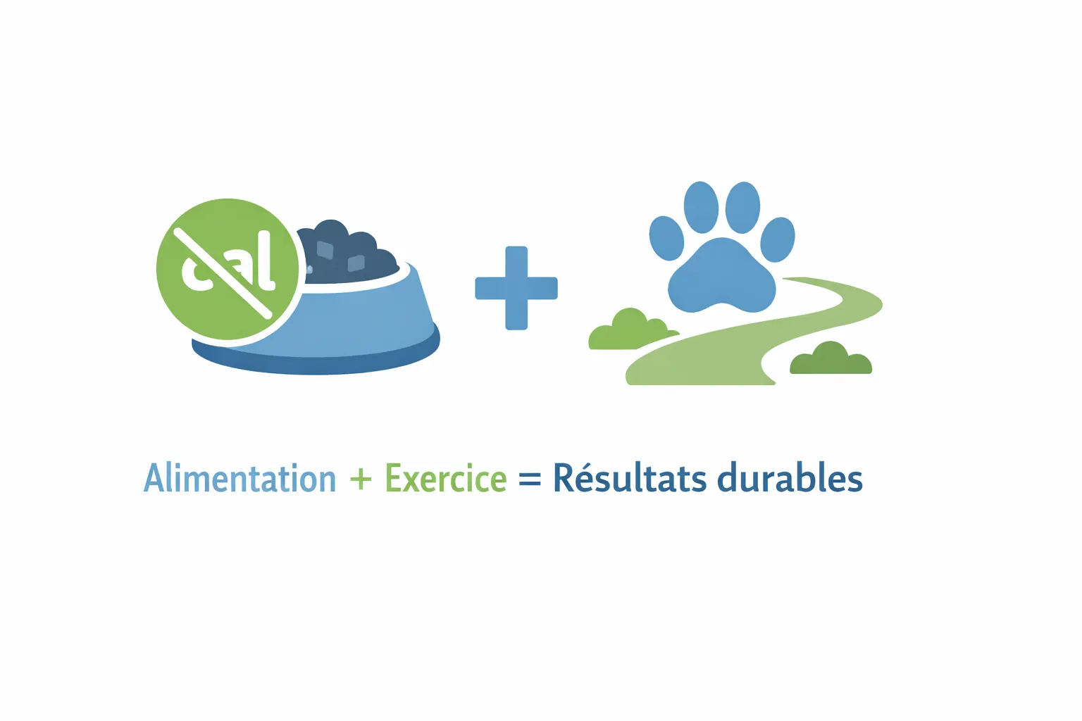 Infographie montrant la complémentarité alimentation et exercice dans un programme de perte de poids canin, avec une balance illustrant les deux leviers