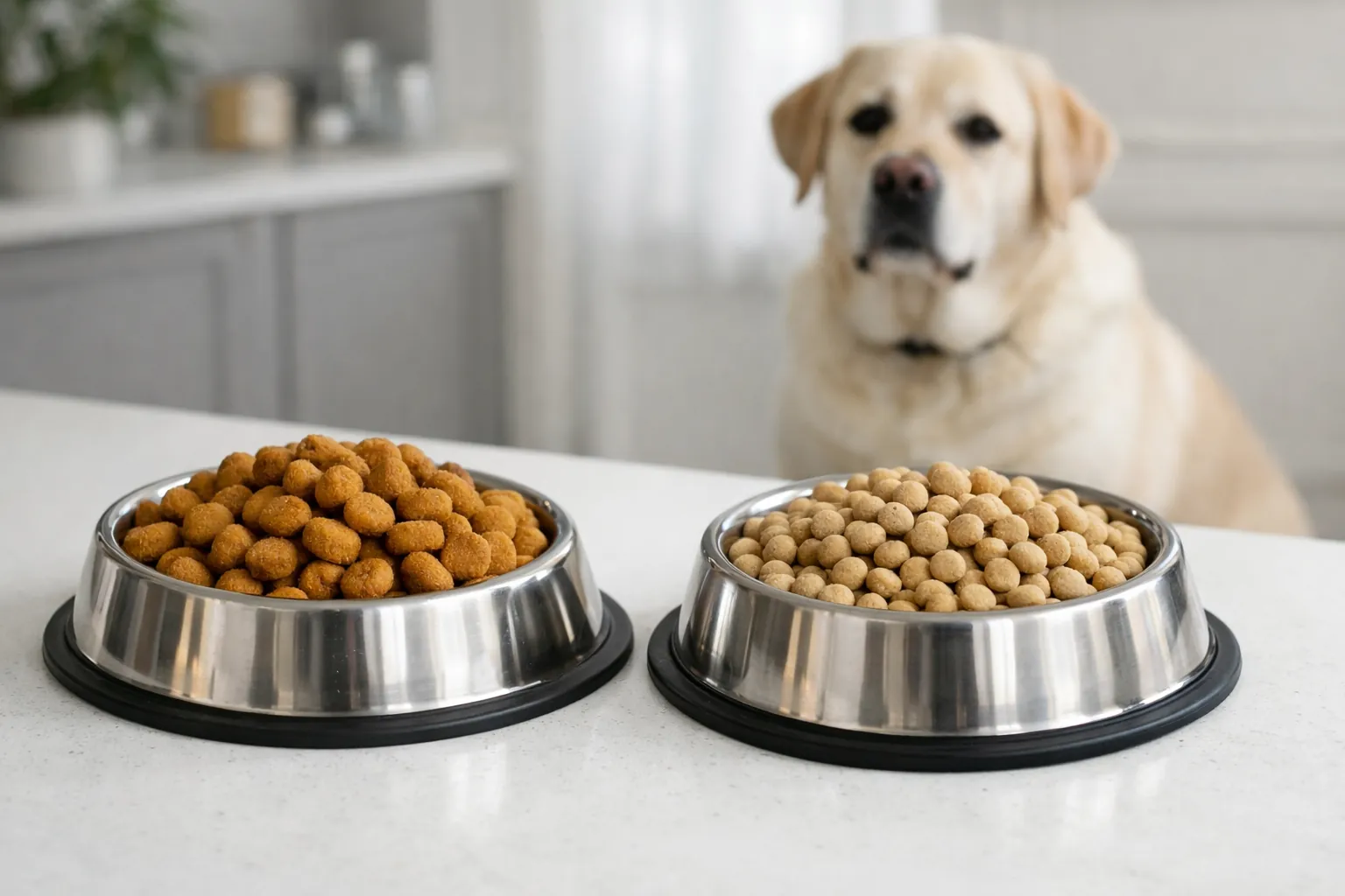 Deux bols de croquettes côte à côte — standard et light — labrador en surpoids en arrière-plan, comparaison alimentation chien régime
