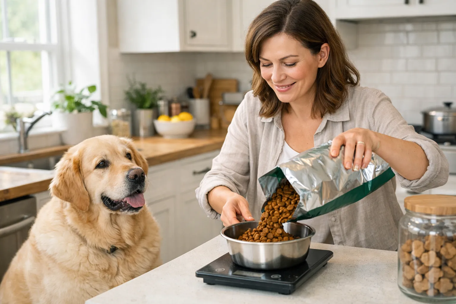 Propriétaire pesant des croquettes sur balance de cuisine, golden retriever en surpoids assis à côté, ambiance cuisine chaleureuse