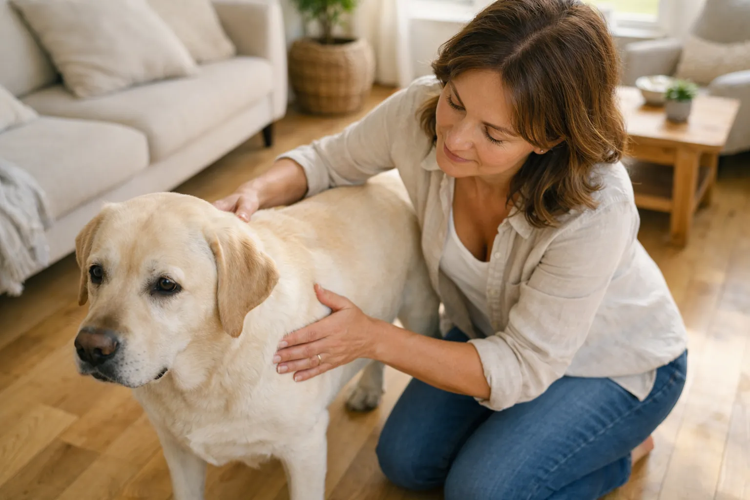 Propriétaire évaluant la silhouette de son labrador par le dessus dans un salon lumineux, mains posées sur les flancs du chien