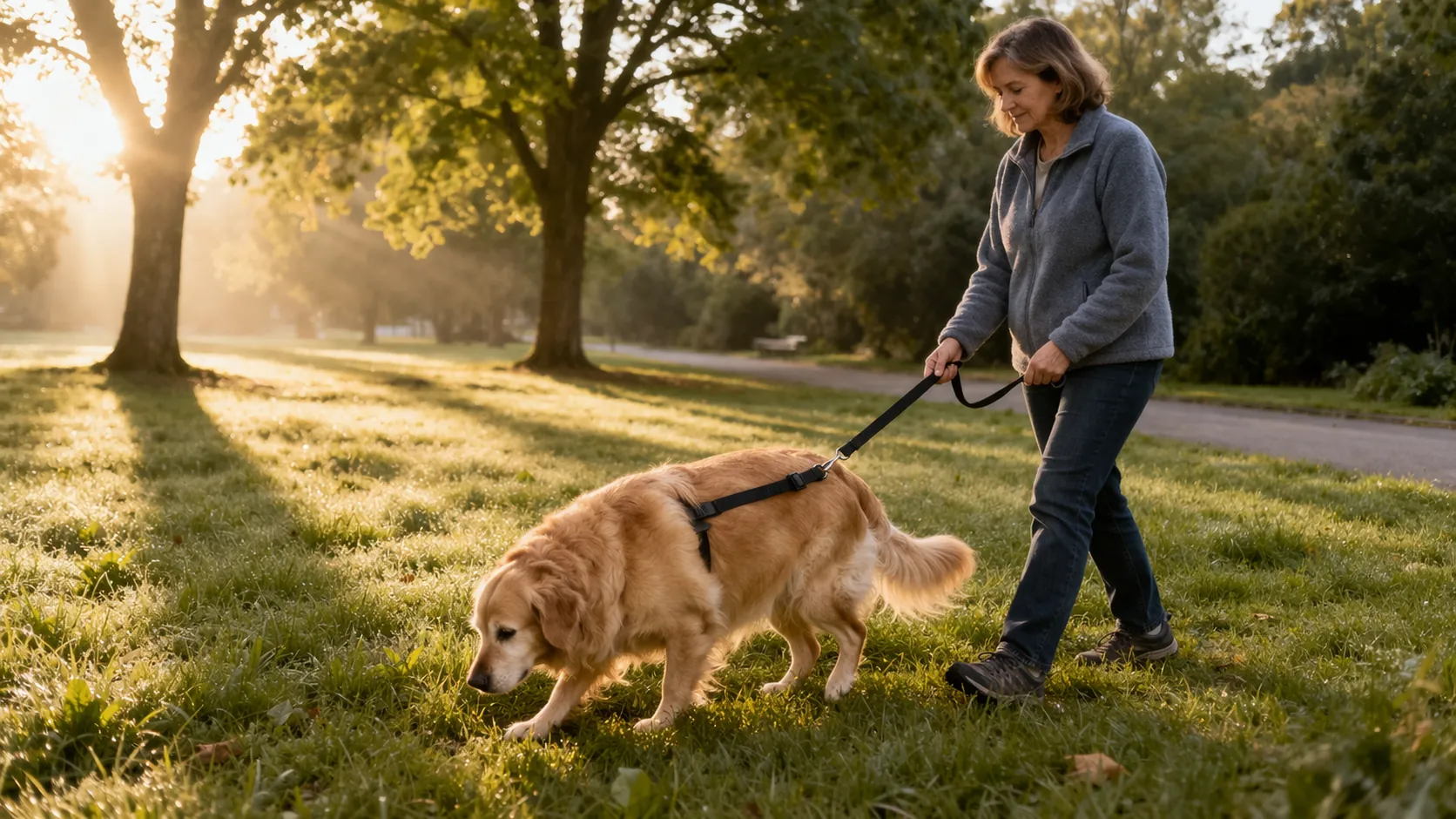 chien obèse golden retriever balade matin herbe parc lumière douce