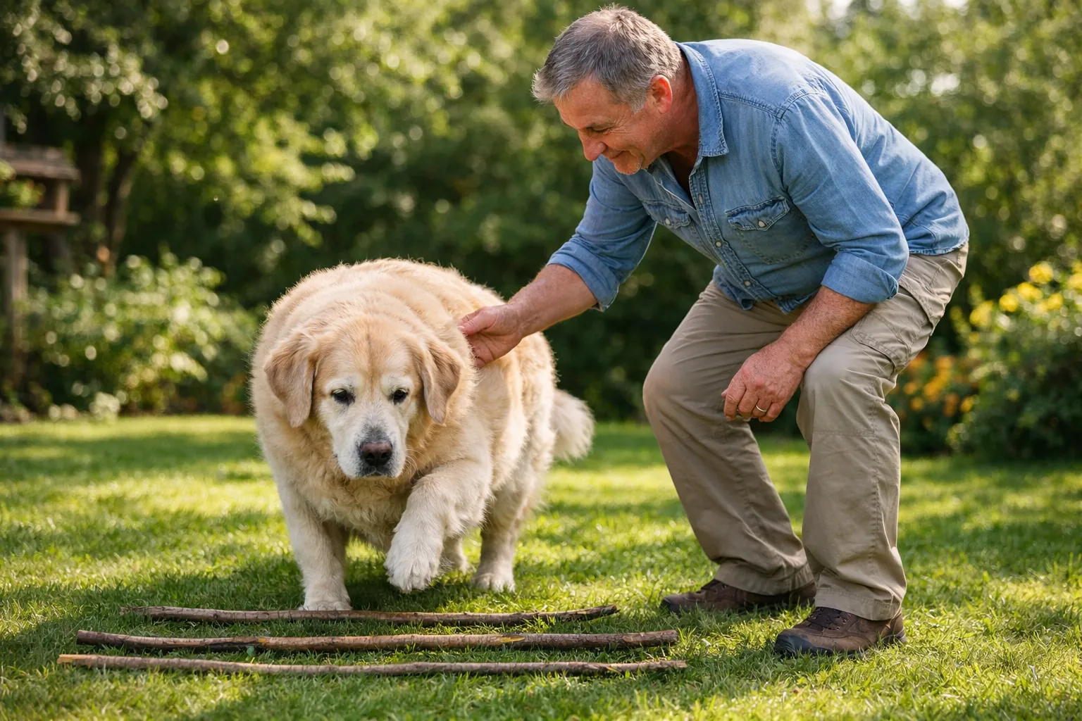 Propriétaire guidant un golden retriever senior au-dessus de cavaletti posés au sol dans un jardin ensoleillé, posture douce et attentive