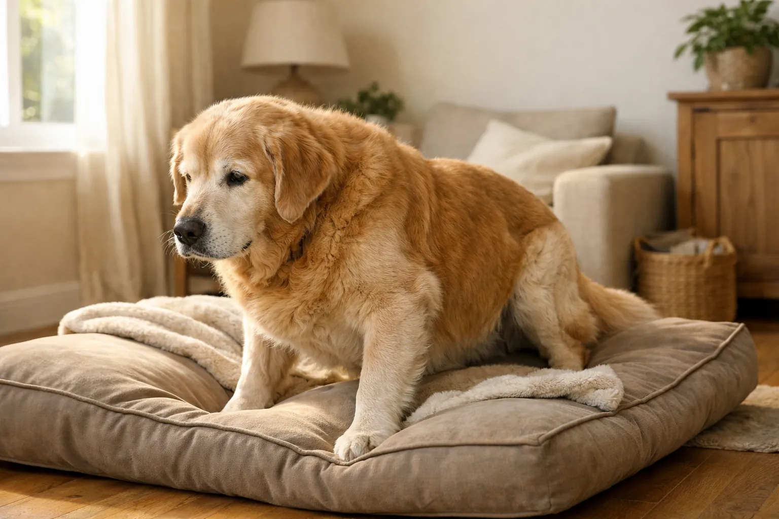Golden retriever senior au museau grisonnant, se levant doucement depuis un coussin, dans un salon lumineux