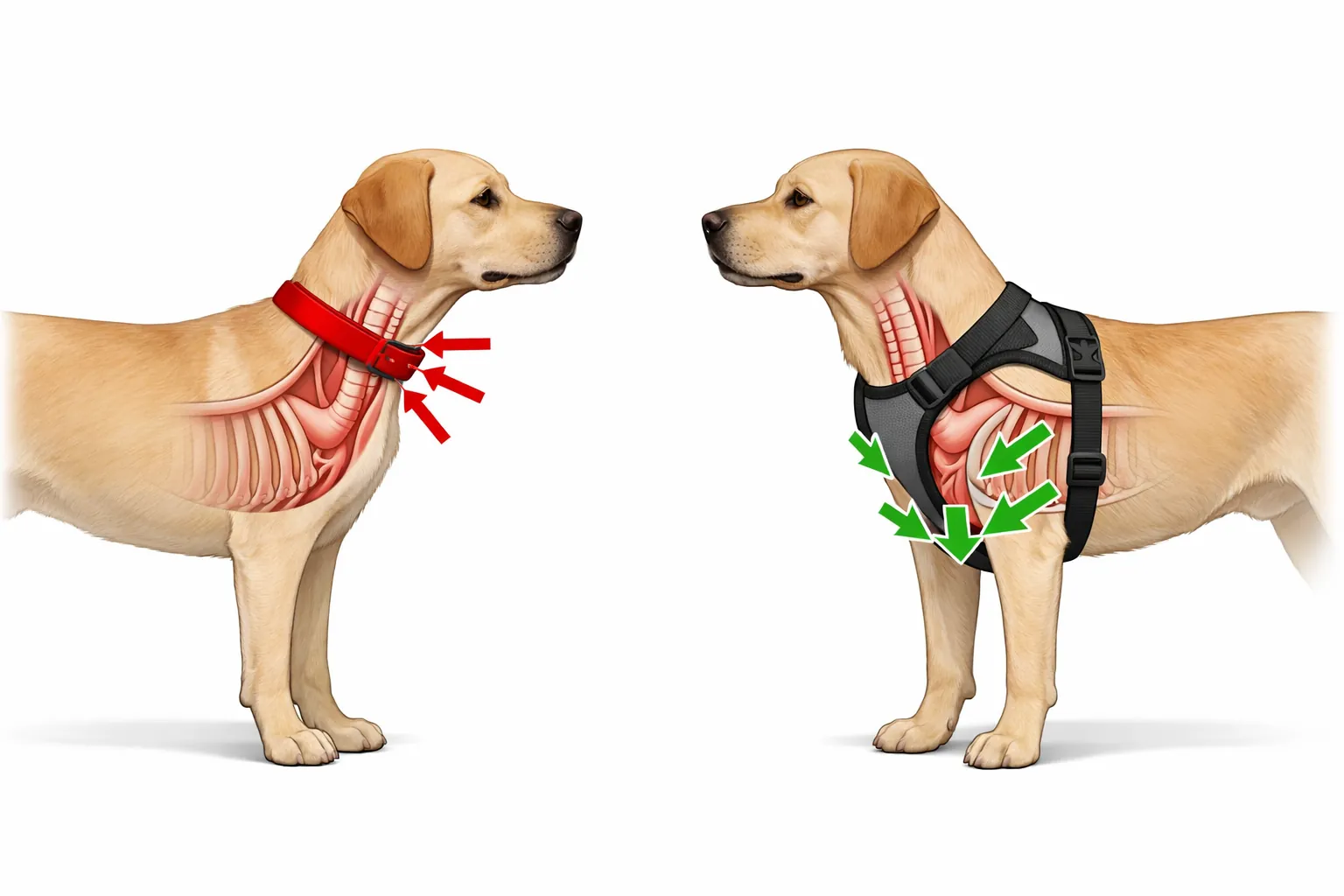 comparaison schématique harnais vs collier sur chien en surpoids, points de pression mis en évidence, fond blanc clair, style illustration pédagogique