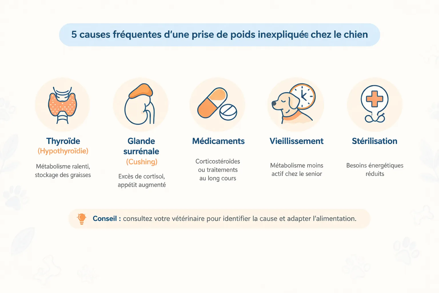 infographie causes prise de poids inexpliquée chien hypothyroïdie Cushing vieillissement stérilisation médicaments