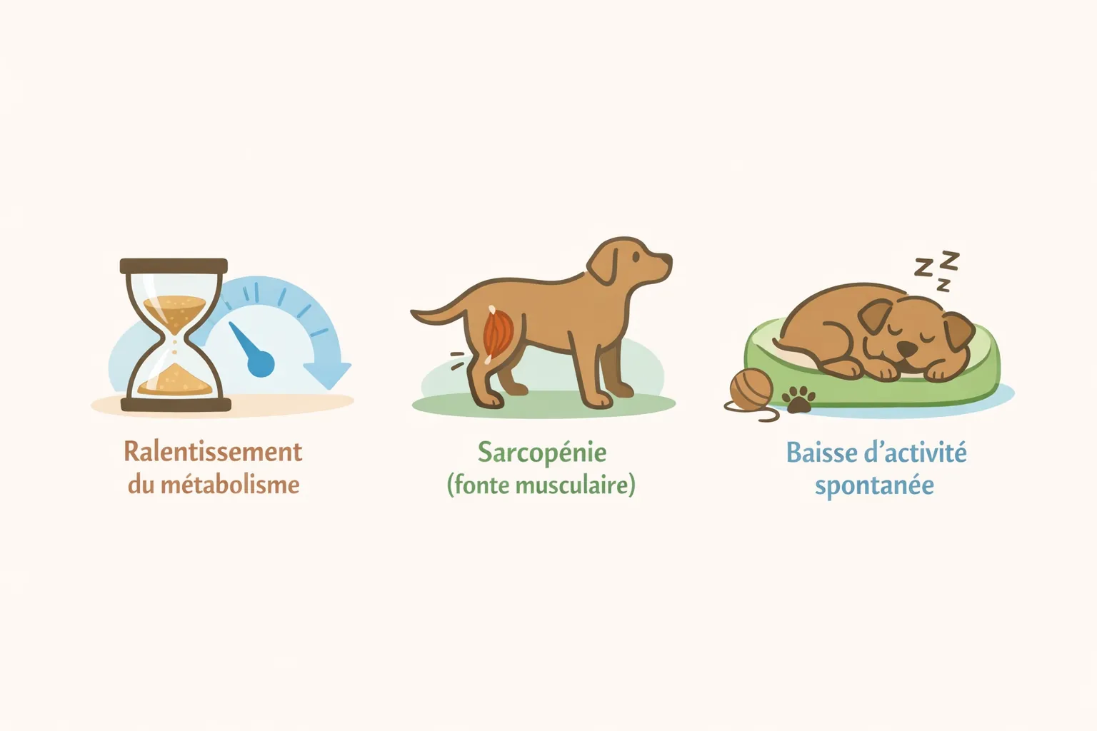 infographie causes surpoids chien âgé métabolisme ralenti sarcopénie sédentarité
