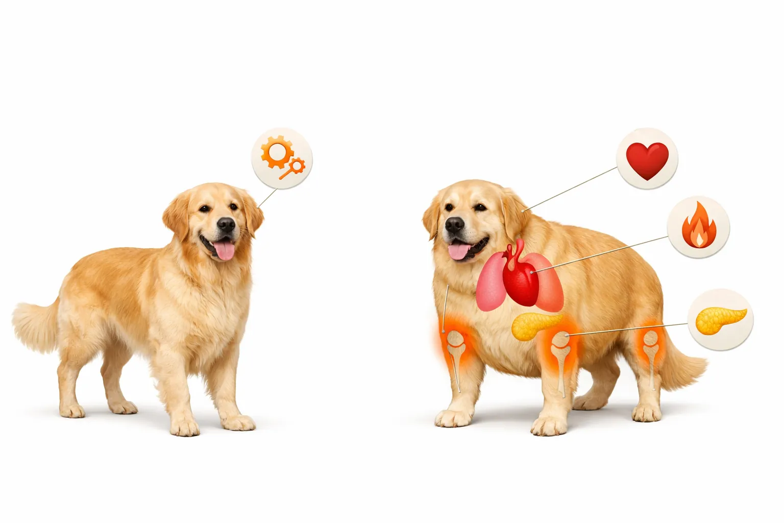 Infographie comparative montrant un chien à poids idéal et un chien obèse, avec les zones du corps affectées par l'inflammation chronique (articulations, pancréas, cœur, voies respiratoires)