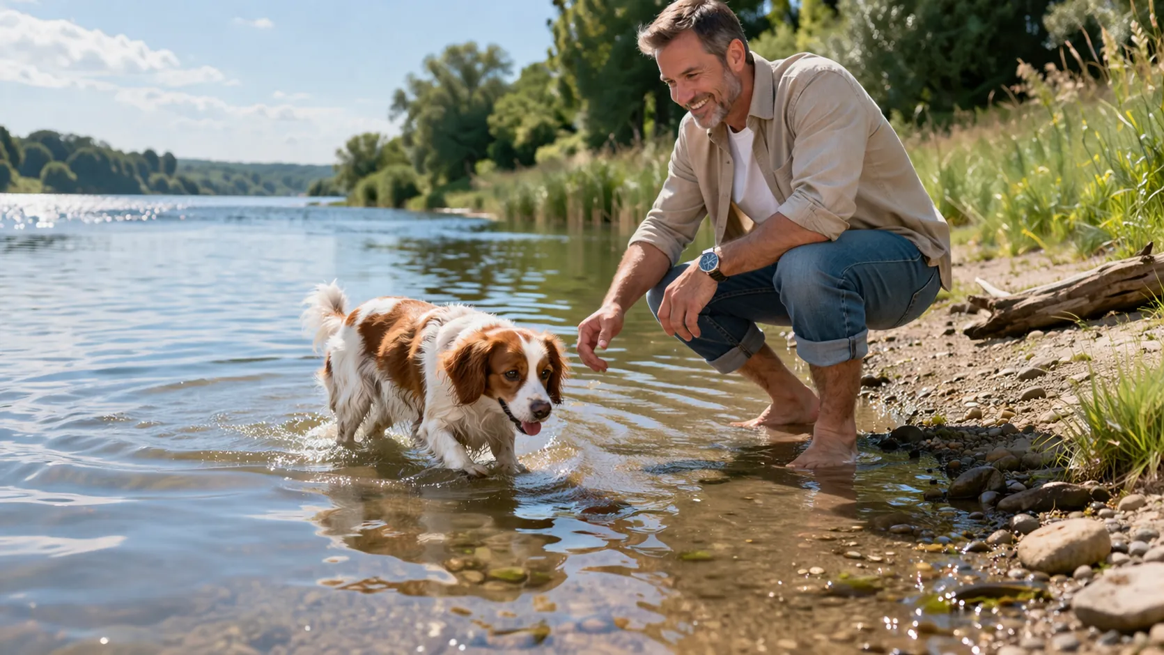 Propriétaire accompagnant son chien dans une piscine peu profonde lors d'une première initiation à la natation
