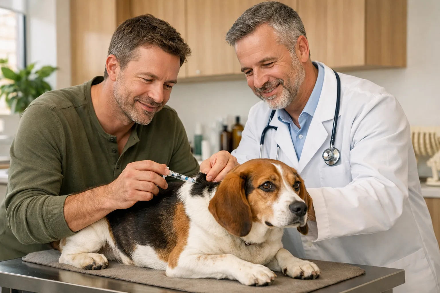 Propriétaire administrant une injection d'insuline à son chien, accompagné par un vétérinaire bienveillant