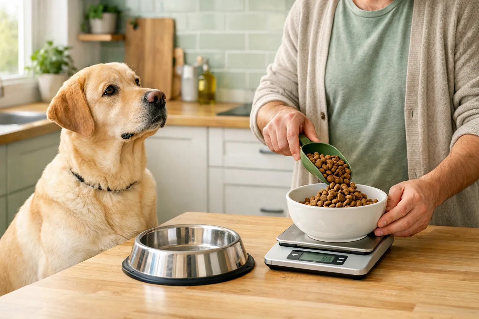 Labrador doré assis à côté de sa gamelle, propriétaire pesant les croquettes sur une balance de cuisine