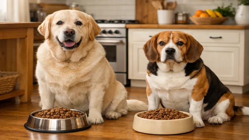 labrador et beagle devant leurs gamelles alimentation adaptée races prédisposées obésité