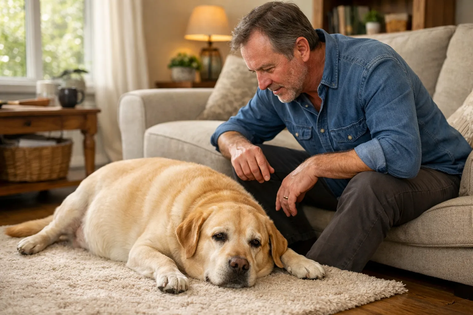 Labrador miel en surpoids allongé sur tapis, l'air fatigué et léthargique, propriétaire se penchant vers lui avec bienveillance, ambiance salon chaleureux