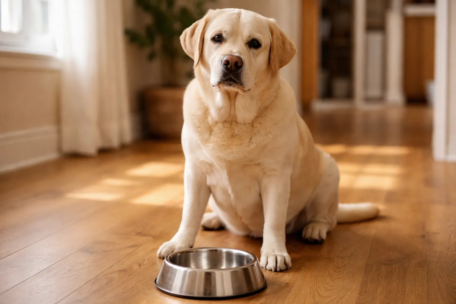 Labrador crème légèrement en surpoids assis devant une gamelle vide, regard attentif vers l'objectif, ambiance chaleureuse de foyer