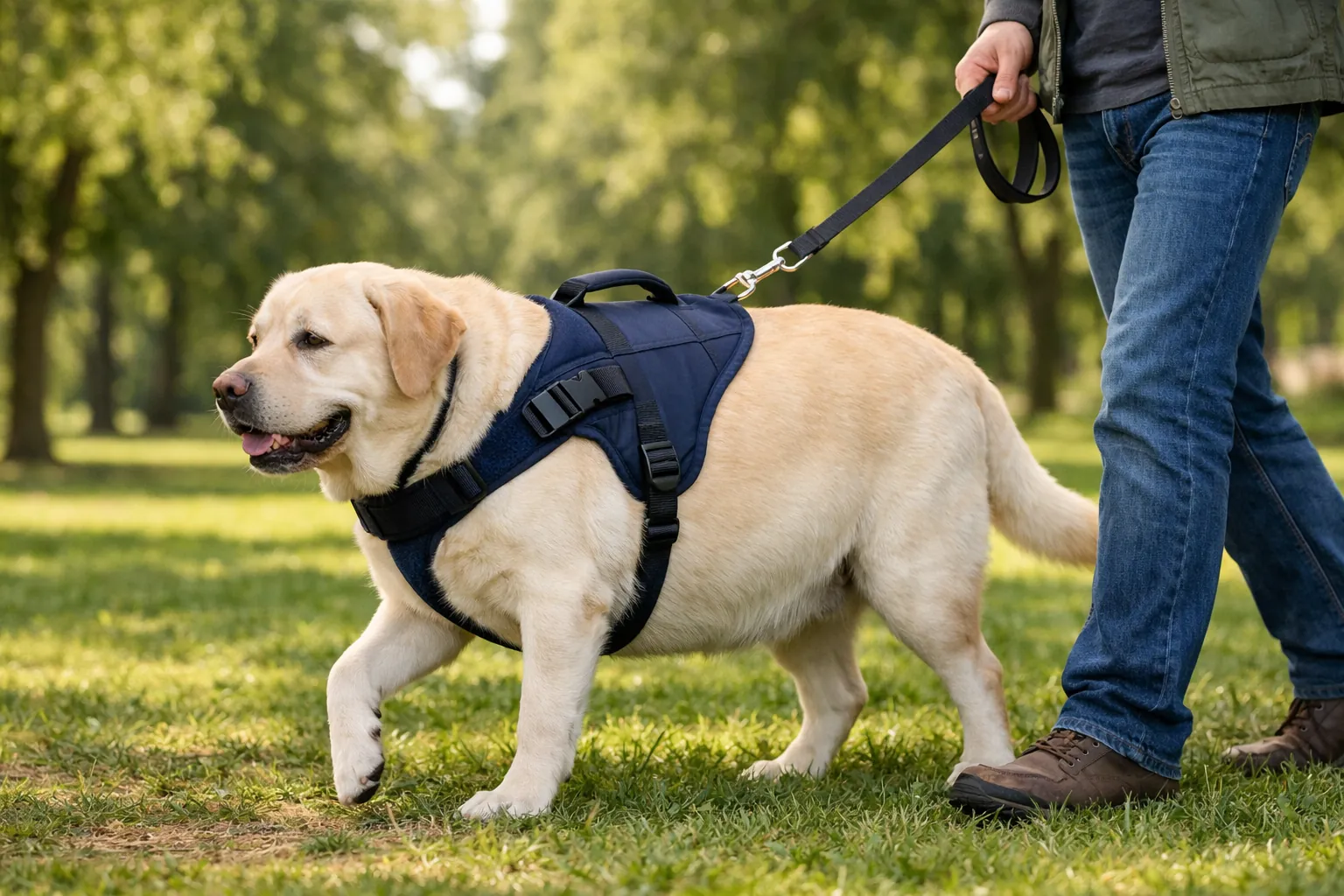 chien de grande taille (type labrador, en surpoids visible) portant un harnais rembourré avec poignée dorsale, tenu en laisse par un propriétaire dans un parc, lumière naturelle douce, format 16:9