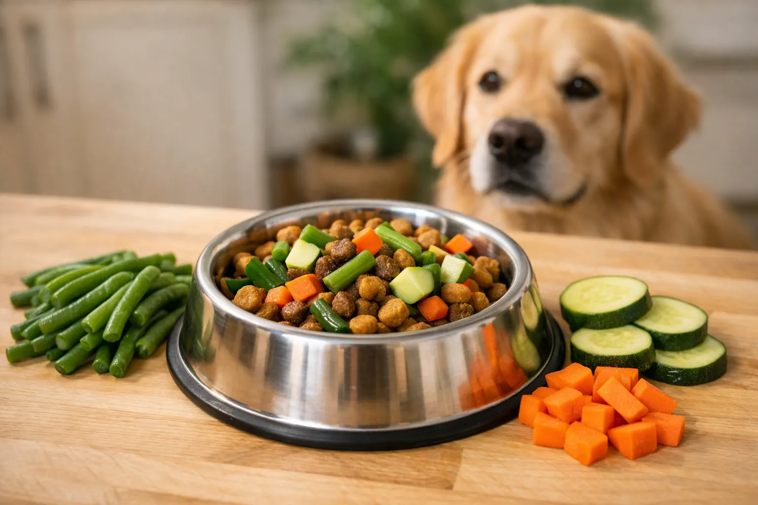 Sélection de légumes frais pour chien en surpoids — haricots verts courgette carotte — autour d'une gamelle en inox, golden retriever en arrière-plan