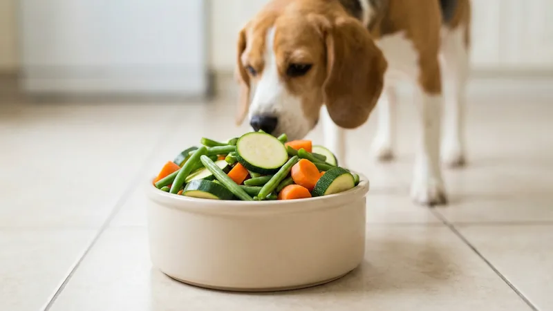 Légumes frais adaptés aux chiens en surpoids : haricots verts, courgettes, carottes dans une gamelle