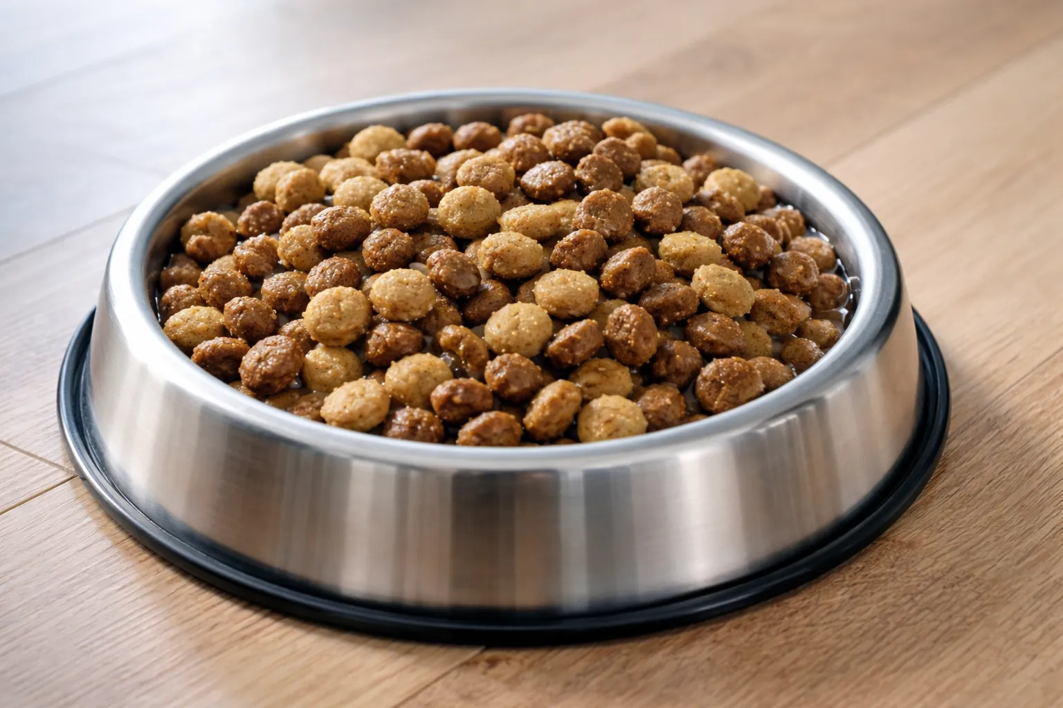 Gros plan sur une gamelle contenant un mélange visible de deux types de croquettes de couleurs différentes, fond bois clair, lumière naturelle