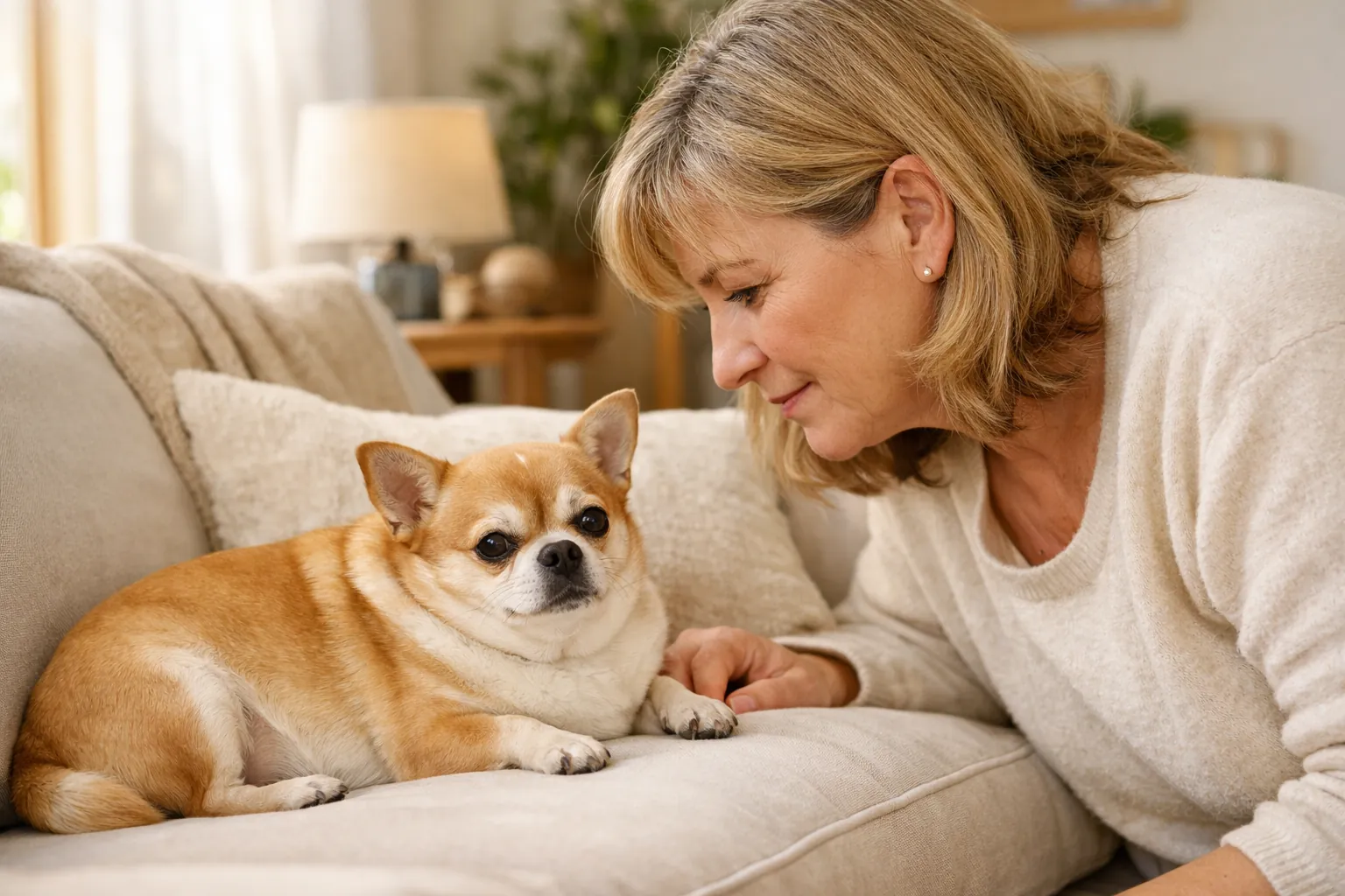 chihuahua trop gros en surpoids allongé sur canapé propriétaire inquiète intérieur chaleureux