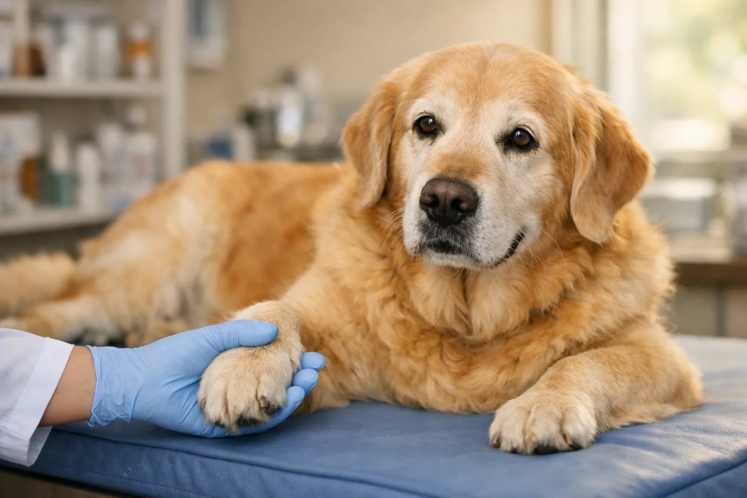 Golden retriever senior en surpoids allongé calmement sur table vétérinaire, main bienveillante du vétérinaire posée sur sa patte