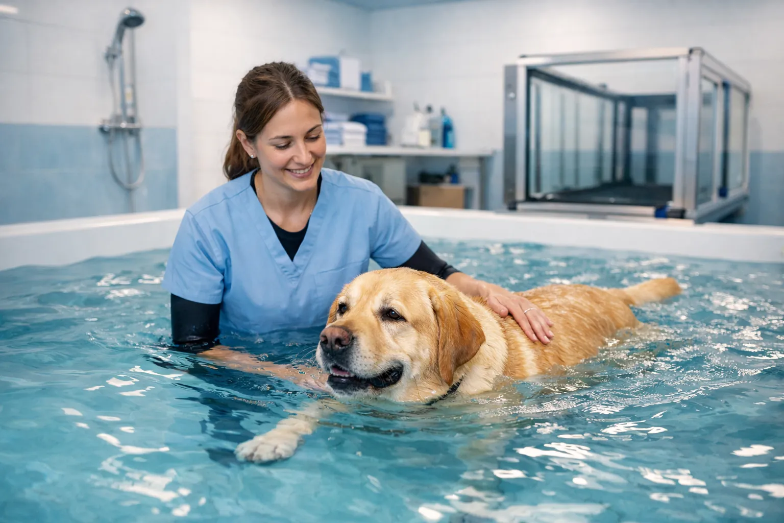 Chien labrador doré en séance d'hydrothérapie dans un bassin professionnel, accompagné d'une thérapeute