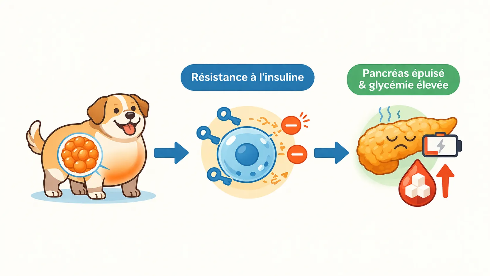 Schéma pédagogique du mécanisme obésité → résistance à l'insuline → diabète canin