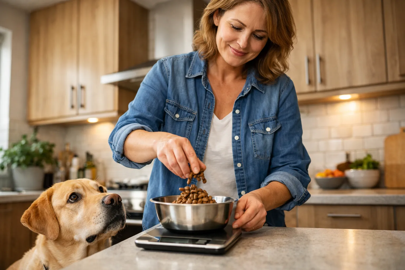Propriétaire pesant des croquettes sur une balance de cuisine, labrador regardant vers le haut, ambiance quotidienne bienveillante