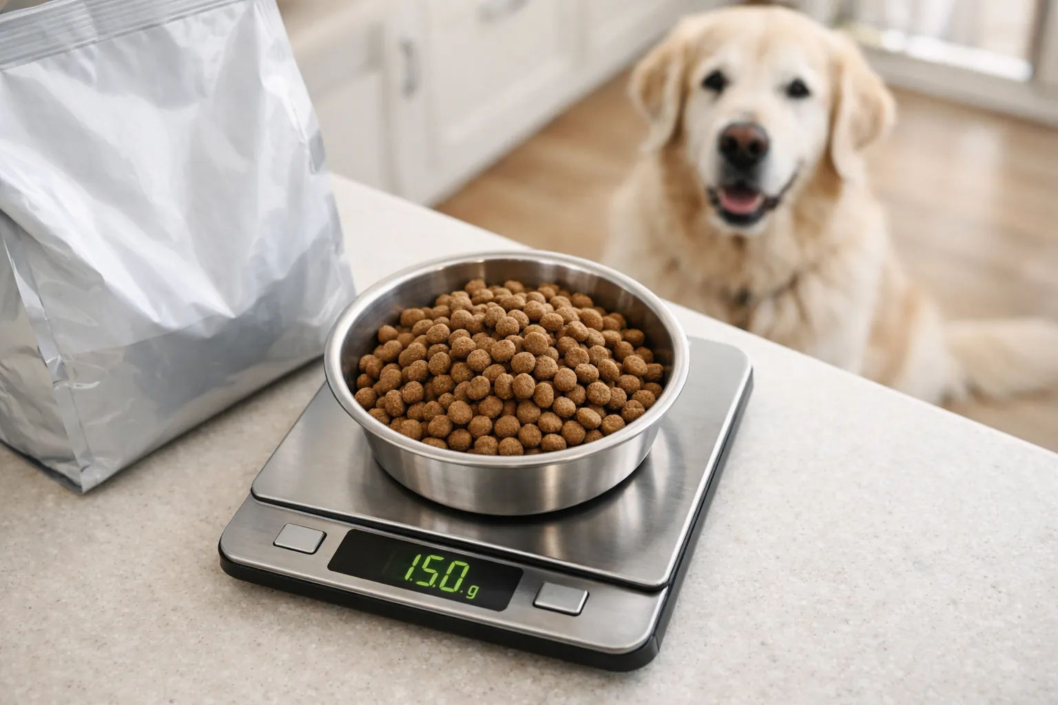 Balance de cuisine numérique avec bol de croquettes vétérinaires, golden retriever senior attendant en arrière-plan, cuisine lumineuse