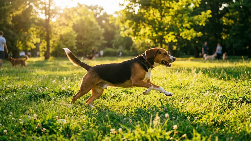 Chien en forme courant dans un parc verdoyant — prévention obésité canine