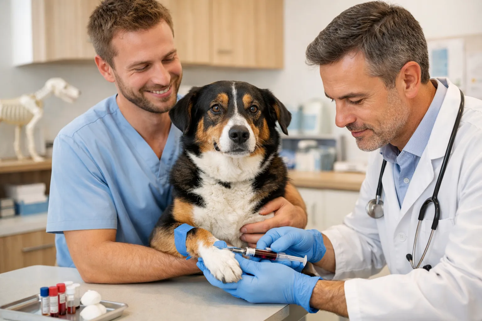 Vétérinaire réalisant une prise de sang sur un chien calme, tenu doucement par un auxiliaire vétérinaire. Ambiance professionnelle et rassurante, cabinet lumineux.