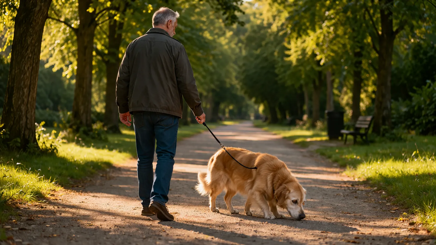 Homme d'une soixantaine d'années marchant lentement avec un golden retriever alourdi en laisse dans une allée ombragée, atmosphère paisible