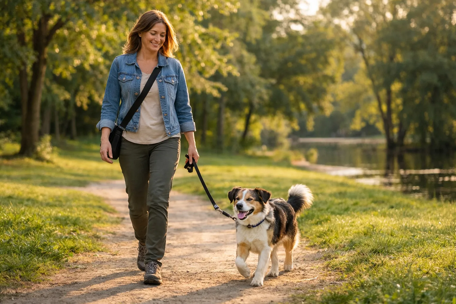 Propriétaire marchant tranquillement dans un parc verdoyant avec son chien en laisse, ambiance apaisante et motivante