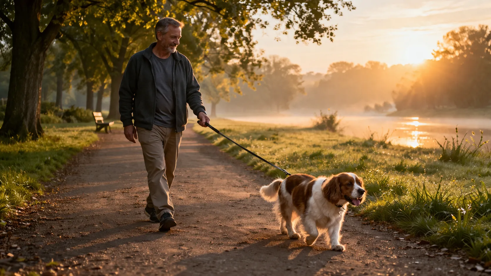 Propriétaire promenant son chien en laisse dans un parc au lever du soleil, ambiance douce et motivante